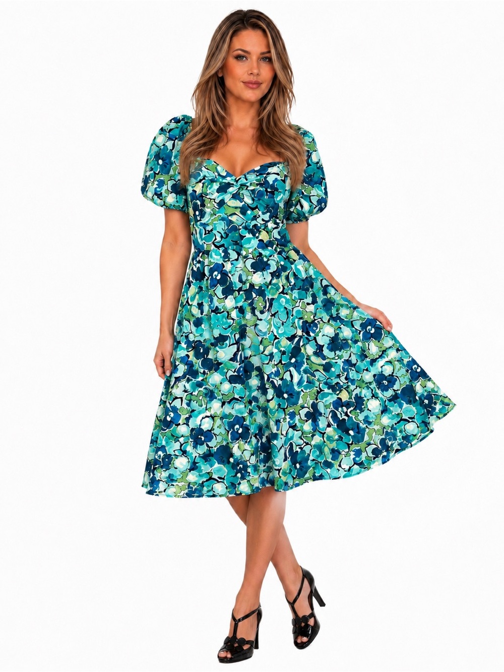 London Times Blue Green Floral Puff Sleeve Sweetheart Midi Dress Size 14